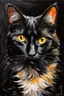 Placeholder: prompt: A painting that pays homage to the elegance and animal grace of a common black house cat, but also to its stealth and quickness as a dangerous predator, as demonstrated in its presence and seen in its eyes. golden intense eyes, shiny black fur