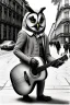 Placeholder: One single mature owl, playing guitar in the street , Vienna, friendly, sunny day, model style, hyper realistic, extremely accurate, delicate, extremely detailed, Graphic novel style, wide-angle, open aperture, superfine pencil