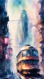 Placeholder: city view in fantasy cyberpunk style with famous tram, watercolour