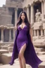 Placeholder: super beaty woman, good body, a lot big bubs, nice body, purple long haired, model style, milf, dress a small BLACK MINI DRESS, asiatic, cape, rude mode, stay on ansient temple ruins.