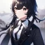 Placeholder: Clear focus, High resolution, short black hair, black eyes, wearing a black jacket and a white shirt, wearing a black skirt, 1girl, Genshin impact, long locks, long eyelashes, black tie