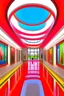 Placeholder: 3 D-shot A hall for displaying art paintings. The walls are oval-shaped, and there is an oval wall in the middle of the hall, to divide the hall into two parts, and the paintings are hung on the walls, and the walls are made of glass.