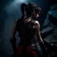 Placeholder: a beautiful tiefling woman with dark hair in a sleeveless battle outfit, seen from the back, at the edge of a precipice in the dark, ready to jump, photo quality, dark colors