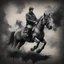 Placeholder: A man on horse in a Hyper Realistic Aerial Grungy Dark-Grey Brush strokes on a dark rustic background with charcoals