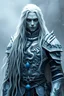 Placeholder: Scary knight with long white hair with icy fog and silvery white eyes and pail skin wearing silver armor with a blue pendentand and a silver dragon on the center of it on his chest