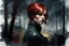 Placeholder: muscular stunning tall russian woman 30yo with deep red bob hair at night under a full moon by a woods :: dark mysterious esoteric atmosphere :: digital matt painting with rough paint strokes by Jeremy Mann + Carne Griffiths + Leonid Afremov, black canvas, dramatic shading