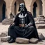 Placeholder: covered with tattoos: Darth Vader as a tattooed gangsta monk with collars and bracelets, he is sit on the stones of his bloody monastery, he is relax and smokes, his outfit is dusty, rusty, nd bloody: he was Born Ready