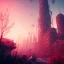 Placeholder: Alien bird post apocalyptic night city, pink, blue, gold, sunny atmosphere, amazing detail, realistic, flowers, 8K, cinematic lighting, unreal engine