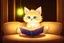 Placeholder: cute chibi fluffy beige bioluminescent cat reading a book sitting on a sofa next to a glowing tiffany lamp in a modern room