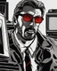 Placeholder: a young man with big muscles who looks like hans gruber wearing a heavy coat and red sunglasses staring with an irritated look on his face smasing a television