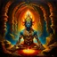 Placeholder: An oil painting of hindu god YAMA in a cave, neon gold colors, high detail eyes,