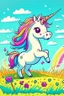 Placeholder: kids illustration, a cute unicorn playing in field, cartoon style, thick line, low details, vivid color