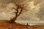 Placeholder: dry trees, autumn, clouds, rocks, one person, horror gothic movies influence, wilfrid de glehn and henry scott tuke impressionism painting