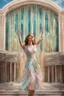 Placeholder: Photorealistic young woman in a dress, standing, with arms raised, looking at the front of an art deco building at midday, with coloured auras swirling around her