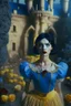 Placeholder: 4K Ultra-HD, Hyper realistic, cinematic lighting -- Snow White, short, bowl-cut black hair, blue eyes, Yellow skirt, blue blouse with short poofy sleeves, extremely pail skin, Rose pedals, wild animals, Castle, Full body image -- 4k, stunning, dramatic lighting, dramatic background, cinematic, atmospheric, very detailed, historic, powerful, octane rendering, exquisite detail, 30 - megapixel, 4k, 85 - mm - lens, sharp - focus, intricately - detailed, long exposure time, f8, ISO 100, shutter - s