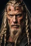 Placeholder: portrait of a 60-year-old viking , long blond hair with Two braids hung down neatly in front of his ears. Rugged face with a scar. blonde beard, fantasy