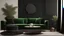 Placeholder: Black interior with green velour sofa, table, fur carpet and decor. 3d render illustration mock up.
