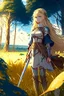 Placeholder: Anime, blonde girl in medieval clothing in large field in the middle of the forest, HD, extreme detail