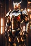 Placeholder: Police SWAT mechanical robo warrior character, anthropomorphic figure, wearing futuristic mecha warrior armor and weapons, reflection mapping, realistic figure, hyperdetailed, cinematic lighting photography, 32k uhd with a golden staff, red lighting on suit