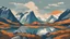 Placeholder: Norwegian fjord mountains desktop background image beautiful vintage poster in the style of USA national park posters clouds colorful graphic design based on Lofoten small fishing community browns oranges in hills blues and whites in sky grey and blues in mountains