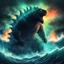 Placeholder: Godzilla rising from the depths, in glowing art style, background toxic ocean