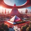 Placeholder: city in 2100, a large red iridescent pyramid building dominating the city :: 8K, 3D, Octane Render, VRay, Unreal Engine 5, Hyperdetailed, intricate, HDR, extremely realistic evolution of future architecture, photorealism, colourful, blue sky over a clean environment, award winning, crisp quality, masterpiece, fantastic view, digital art, airbrush art, ink drawing, sharp focus, high contrast, depth of field