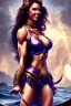 Placeholder: milf, bodybuilding, kräftig, brunett long gewelltes hair, smile, warrior princess, küste, nacht, wolf, große oberweite, corsage, fantasy art