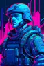 Placeholder: us men soldier with rilfe, with blue background colour, neons in cyberpunk styles, name SZCZEPAN