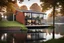 Placeholder: a two storey danish house next to a lake made from bricks and a steel roof, terrace in front and a balcony