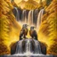 Placeholder: autumn portrait of psychedelic eagle couple on surfboard in waterfall, in the style of escher , 8k, down-light, soft light, depth of field, photo realism, trending on art station, high detail, smoke and fog