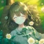 Placeholder: anime girl sleeping in a far away distance. field of flowers. trees are in the distance. girl is sleeping underneath a willow tree in the distance, picture is not upclose