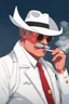 Placeholder: An old very red crimson devil wearing a white and gold police comisioner outfit, he is also wearing glasses, he has a white scruffy mustache, and a small black fedora, he also smoking a cig.