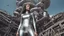 Placeholder: three-quarter-worms-eye view of a woman in a silver robotic catsuit standing in a futuristic derelict city with mushrooms with tentacles, floating in the sky