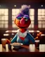 Placeholder: Pub scene, hybrid character, waitress woman with monster muppet mask that covers her entire head, retro style, Sesame Street style, smooth, unreal engine 5, god lights, ray tracing, RTX, lumen lighting, ultra detail, volumetric lighting, 3d.