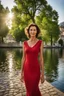 Placeholder: Act like street photographer. Create a realistic photograph of a small Italian town at Como Lake in late spring with a portrait of a 45-year-old, beautiful, slim Polish woman with brown hair. Use a 24 mm lens and a Fuji T30 camera for mild light, warm, golden hour photos from a distance, elegant red dress for a dinner, flirts pose