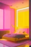 Placeholder: Bedroom, yellow walls, transparent glass furniture, modern, LED pink lighting, modern art, cool vibes