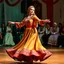 Placeholder: A graceful Azerbaijani female traditional dancer performing a famous Azerbaijani folk dance. She is wearing a beautiful traditional Azerbaijani dance costume: a long flowing silk dress with rich embroidery, wide skirt, and a colorful kelaghayi (traditional Azerbaijani silk headscarf) covering her head. The dancer moves elegantly with soft hand gestures, delicate finger movements, and smooth spinning steps typical of Azerbaijani women’s dances. The atmosphere is festive and cultural, with traditi