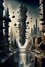 Placeholder: a stunningly weird image of a futuristic metropolis using Salvador Dali's paranoiac-critical method, where buildings and structures appear to melt into the skyline cityscape is filled with floating mad, twisted sharp metal shapes that interact with the buildings and each other, forming a surreal tableau of a dreamlike reality. neu-steampunk vibe, essence of the scene in a cinematic manner, with dramatic shadows that enhance the distorted perspectives and bizarre
