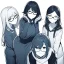 Placeholder:  three girls, leaning pose, sueter, glasses, Line art,