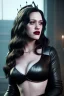 Placeholder: Kat Dennings as evil queen in black leather gown, cleavage, angry, stern look, unreal 5, octane render,cinema4d, dynamic lighting, dramatic lighting, 4k, redshift render, highly detailed, hyper realistic