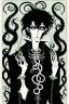 Placeholder: gothic creepy handsome black haired warlock with gothic jewelry and tentacle hands in the style of aubrey beardsley