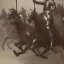 Placeholder: Medieval cavalry galloping. Warriors. Leather armor. Black. Sharp details. Roar.