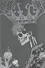 Placeholder: A shadowed hand holds a highly detailed, hand drawn skull, anatomically correct, with a crown hovering above, representation of Hamlet by John Austen, in the Aubrey Beardsley style, inspired by the gothic, macabre and fantastical, highly aesthetic, art nouveau design with striking black-and-white illustrations with hints of Red, Beardsleyesque, high quality, modern classical art, Hamlet Skull