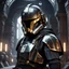 Placeholder: star wars bald male corellian pilot wearing pearlescent black and gunmetal grey First Order special forces heavy assault stealth commando armor and helmet with gold trim inside the jedi temple, hyperdetailed, dynamic lighting, hyperdetailed background, 8k resolution, volumetric lighting, light skin, fully symmetric details