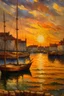 Placeholder: classic french impressionist style painting of a habor at sunset