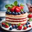 Placeholder: Victoria sandwich cake, decorated with strawberries, blueberries and mint closeup