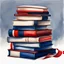 Placeholder: Hand drawn illustration, oil painting, midnight blue and red, stack of books with airbrushed tape, white background only