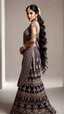 Placeholder: A stunningly elegant Indian bride, with a tall, slim, and athletic figure, adorned in intricate bridal makeup, complete with extremely long hair cascading down her back. She stands in a dynamic pose, showcasing a designer bridal lehenga. This captivating portrait captures the bride's radiant beauty and grace, highlighting every exquisite detail in high quality.