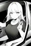 Placeholder: blonde young girl inside car, greyscale