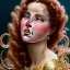 Placeholder: Hyperdetailed oil on canvas, young robyn lively by an ornate fountain, goldfish pond, lotus, detailed face, long muti-hued red curly hair; by gaspar camps, maxfield parrish, alphonse mucha, cyril rolando, dan mumford; luminous colorful sparkles, glitter, airbrush, octane render, volumetric lighting, 16k